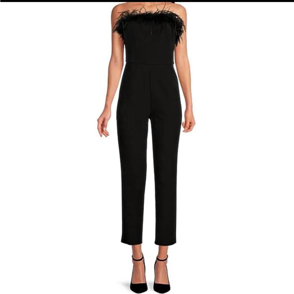 NWT Gianni Bini Kimberly Black Strapless Feather Trim Jumpsuit Pantsuit